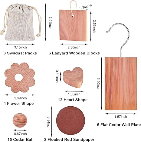 48-Pc Cedar Blocks for Clothes Storage: Blocks, Planks, Hooks, Rings, Balls, & Sachets for Closet, Drawer, Bookshelf & Shoe Protection - Natural Cedar Scent