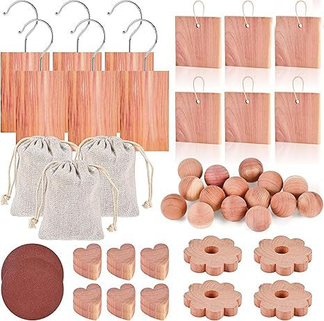 48-Pc Cedar Blocks for Clothes Storage: Blocks, Planks, Hooks, Rings, Balls, & Sachets for Closet, Drawer, Bookshelf & Shoe Protection - Natural Cedar Scent