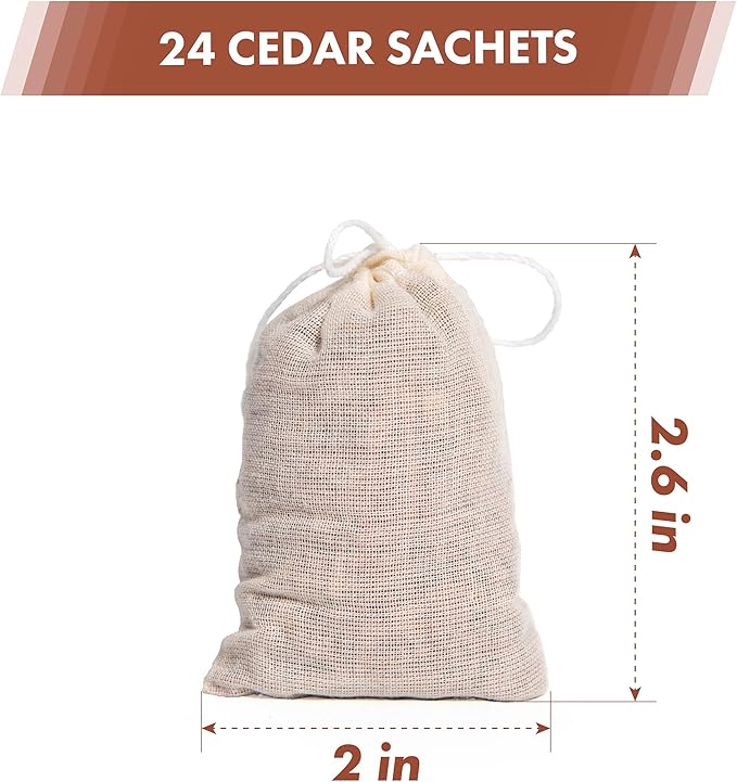 Pack of 24 Cedar Sachets Bag, Red Cedar Chips Sachets for Clothes Storage, Home Fragrance Sachet for Drawers and Closets