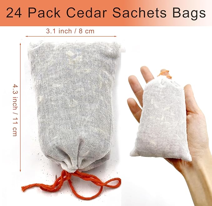 24 Pack Cedar Sachets Bags, Red Cedar Chips Sachets for Closets and Drawers Storage, Fresh Scents, Home Fragrance Sachet for Shoes